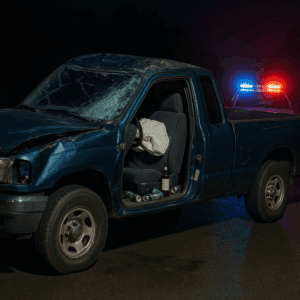 Pickup wrecked in a collision with alcohol cans visible.