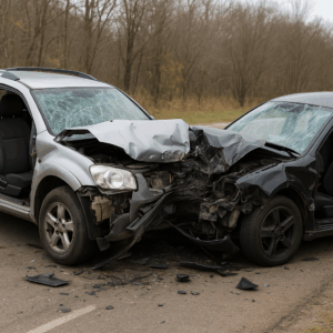 Two vehicles wrecked in a head-on crash