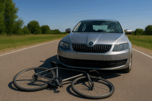 A bicycle lays on the road in front of a car with a broken windshield after a crash.