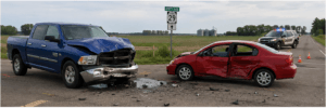 Collision between pickup truck and small sedan at rural intersection.